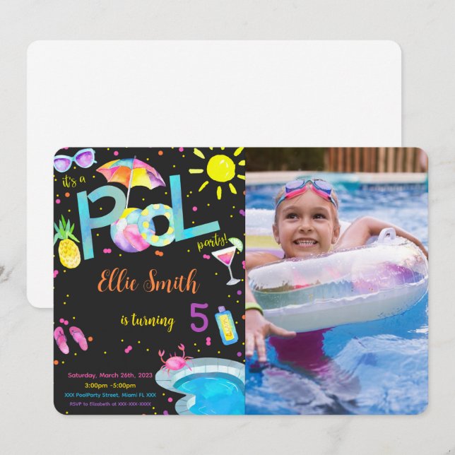 Redigerbar pool födelsedagsfoto inbjudan (Fram/baksida)