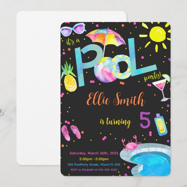 Redigerbar pool födelsedagsinbjudan inbjudningar (Fram/baksida)