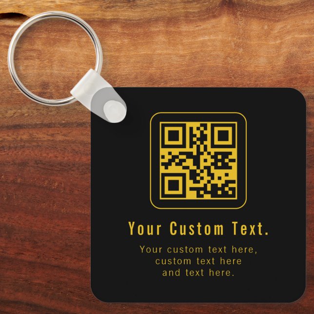 Redigerbar QR-kod och textmall | Svart och guld Nyckelring (Framsida)