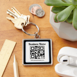Redigerbar QR-kod & text med ljusblå kant Fyrkantig Silverfärgad Nyckelring