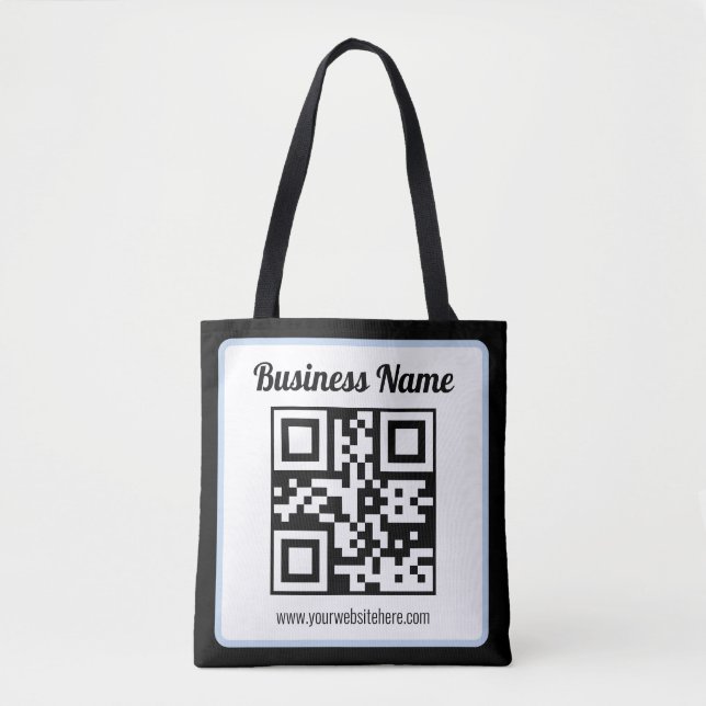 Redigerbar QR-kod & text med ljusblå ram Tygkasse (Framsida)