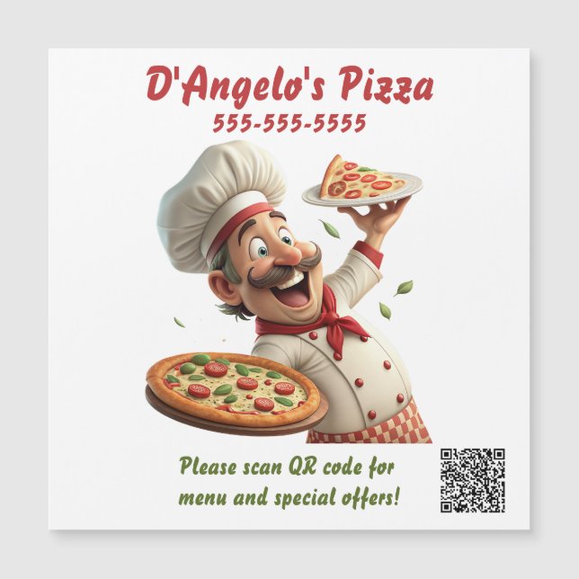 Redigerbar QR-kodmagnet för pizzarestaurang (Framsida)