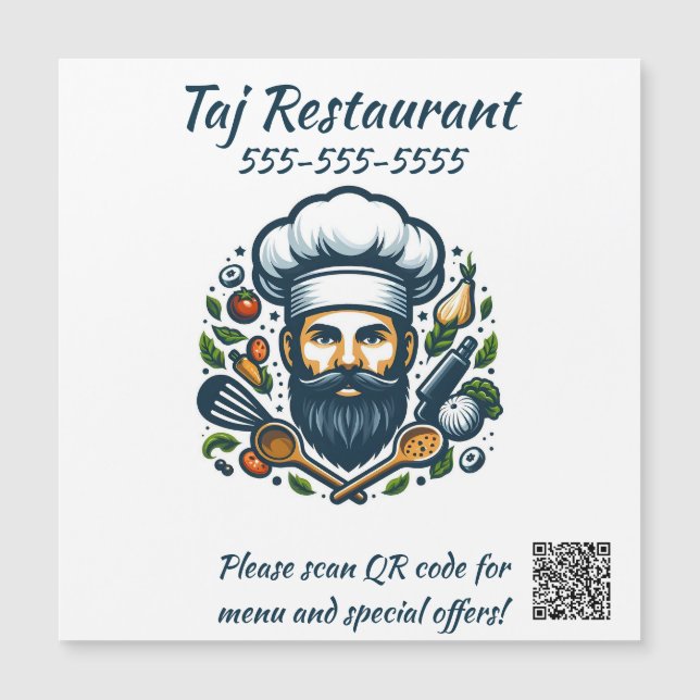 Redigerbar QR-kodmagnet för restaurang med kock (Framsida)