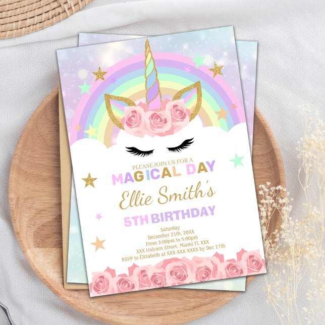 Redigerbar Rainbow Unicorn Birthday-inbjudan Inbjudningar (Rainbow Unicorn Birthday Invitations)
