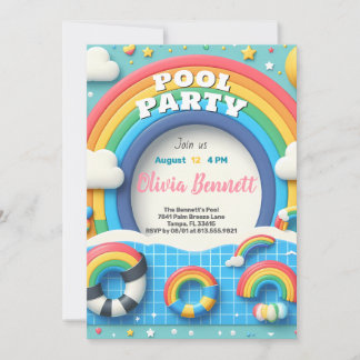 Redigerbar regnbågs poolparty födelsedag sommar si inbjudningar