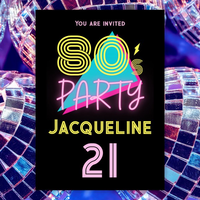 Redigerbar Retro 80-tal Party Neon Rosa 21:a födel Inbjudningar (Skapare uppladdad)