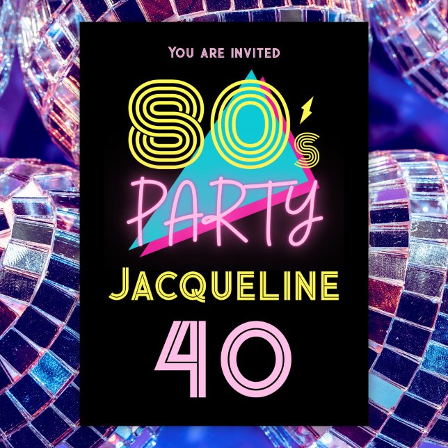 Redigerbar Retro 80-tal Party Neon Rosa 40:e födel Inbjudningar (Skapare uppladdad)