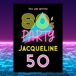 Redigerbar Retro 80-tal Party Neon Rosa 50:e födel Inbjudningar