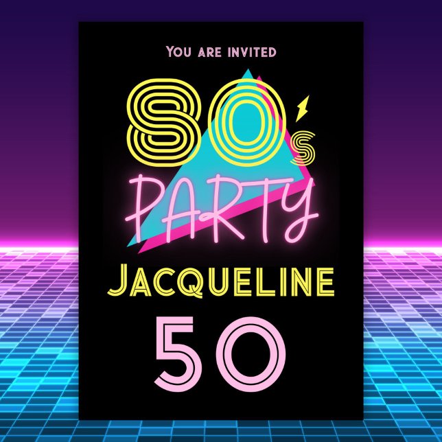 Redigerbar Retro 80-tal Party Neon Rosa 50:e födel Inbjudningar (Skapare uppladdad)