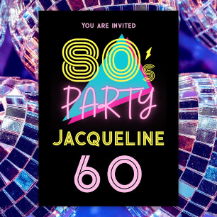Redigerbar Retro 80-tal Party Neon Rosa 60:e födel Inbjudningar