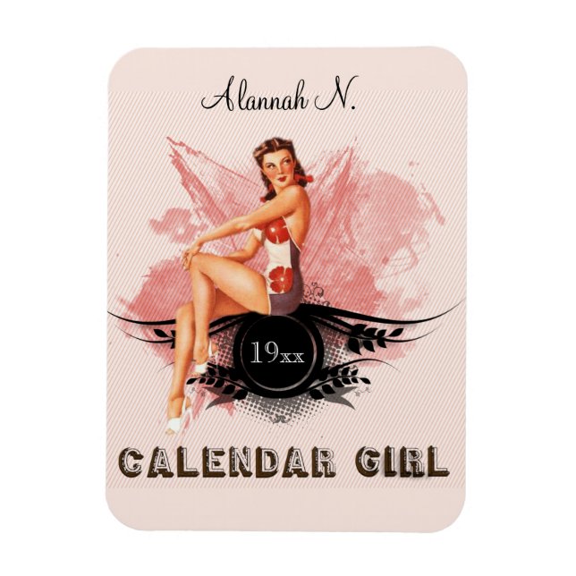 Redigerbar Retro Calendar Girl Magnet (Vertikal)