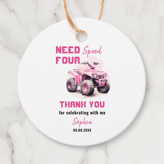 Redigerbar Rosa ATV Bike Birthday Circle Gåvor Etiketter (Framsida)