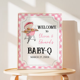 Redigerbar Rosa BBQ Baby Shower Välkomstskylt, fli Poster