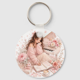 Redigerbar Rosa Blommig Pianonyckelring Nyckelring
