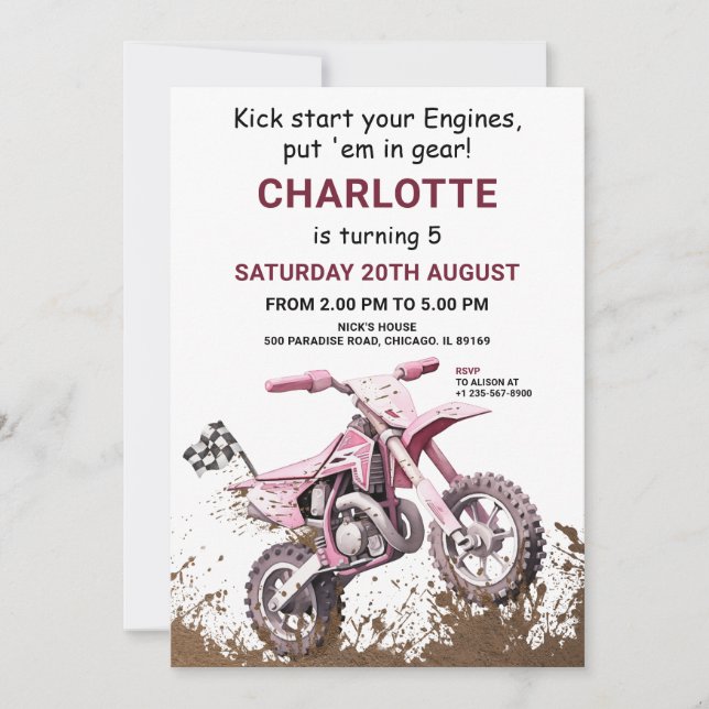 Redigerbar Rosa Dirt Bike Birthday-inbjudan Inbjudningar (Framsida)