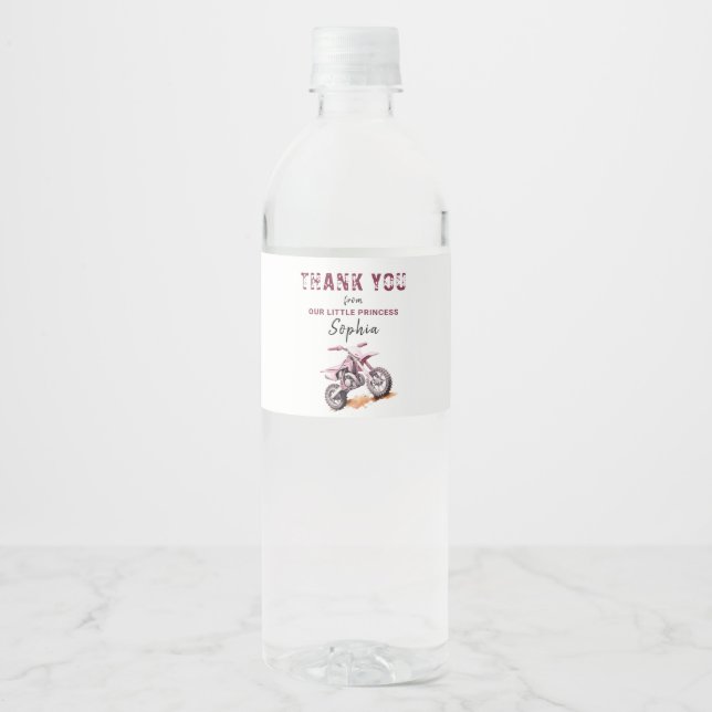 Redigerbar Rosa Dirt Bike Birthday Vattenflaskor Etikett (Framsida)