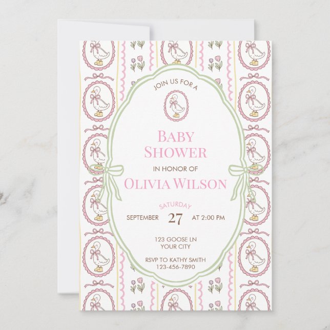 Redigerbar Rosa Gås Bebis Shower Inbjudan 5x7 (Framsida)