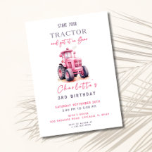 Redigerbar Rosa Tractor Birthday Inbjudan