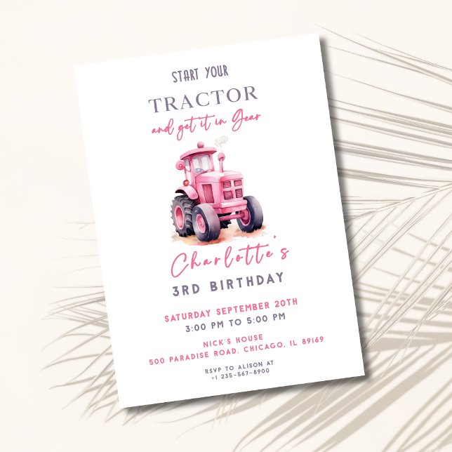Redigerbar Rosa Tractor Birthday Inbjudan (Skapare uppladdad)