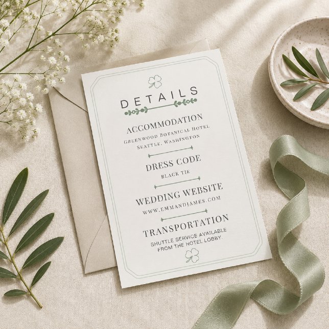 Redigerbar Salvia Grön Minimal Bröllopsdetaljkort OSA Kort (Elegant sage green wedding details card for a modern garden celebration.)