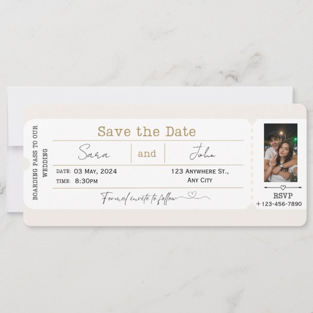 Redigerbar Save the Date Boarding Pass Bröllopsfot Inbjudningar (Framsida)