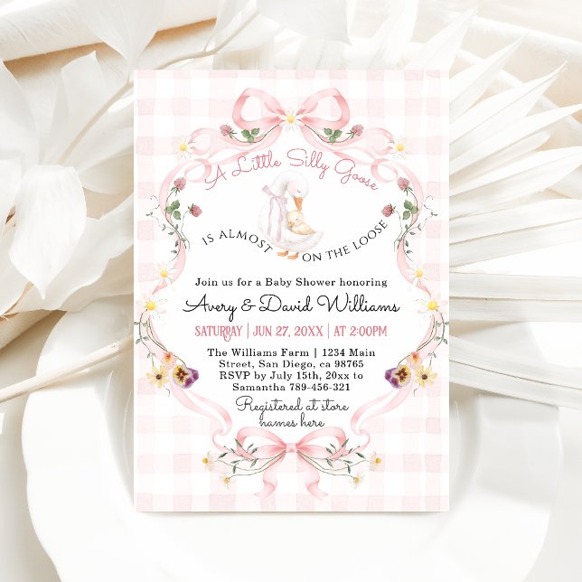 Redigerbar Silly Goose Baby Shower Rosa Båge Inbjudningar (Skapare uppladdad)