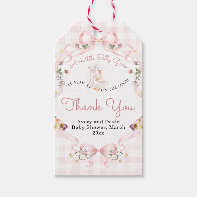Redigerbar Silly Goose Baby Shower Rosa Båge Presentetikett (Framsidan)