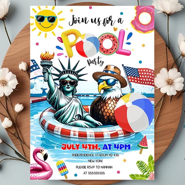 Redigerbar självständighetsdag Poolparty Patriotis Inbjudningar (Skapare uppladdad)