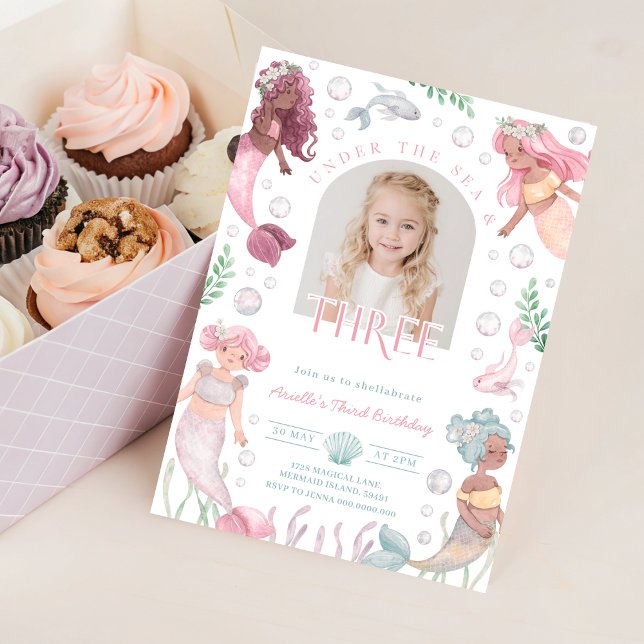 Redigerbar Sjöjungfru Inbjudan till tredje födelse (Editable Mermaid Third Birthday Invitation With Picture 3rd Birthday Watercolor Pink Third 3 Year)