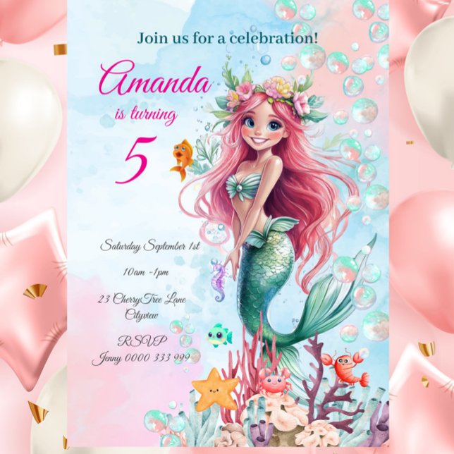 Redigerbar Sjöjungfru under inbjudan till havs-föd (Personalized Watercolor Mermaid Birthday Invitation – Pink & Blue Whimsical Ocean Party

)
