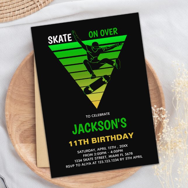 Redigerbar Skater Party Inbjudan för pojkar (Yellow Green Skateboards Birthday Invitations)