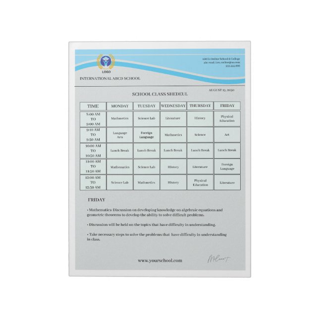 Redigerbar skol-schema mall | Veckovis klass Anteckningsblock (Roterad)