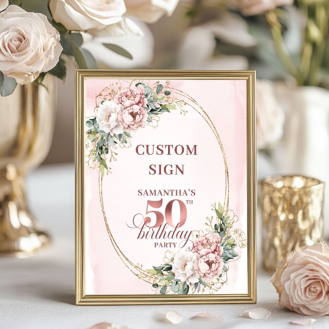 Redigerbar Sofistikerad Roséguld 50-årsdag  Poster (Editable Sophisticated Rose Gold 50th Birthday Custom Sign)