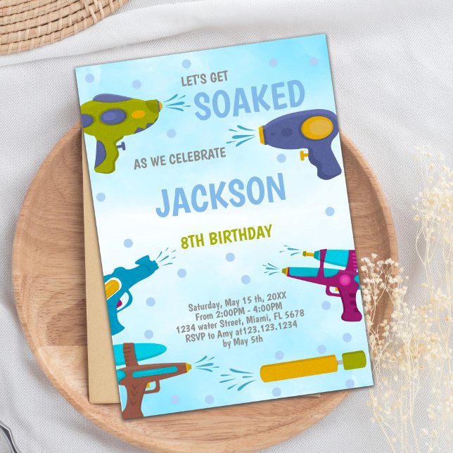 Redigerbar sommar Stänk Party Inbjudan (Yellow Blue Water Gun Invitations)