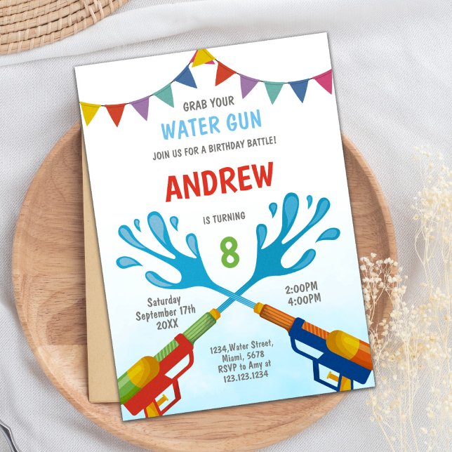 Redigerbar sommar Stänk Party Inbjudan (Red Blue Water Gun Invitations)