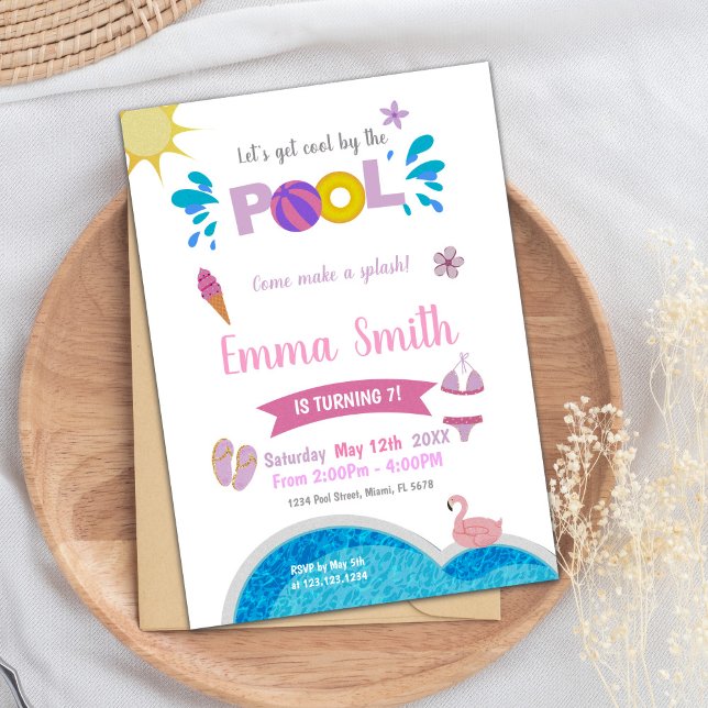 Redigerbar sommarinbjudan till simfest för tjejer inbjudningar (Sun Pink Purple Pool Birthday Invitations)