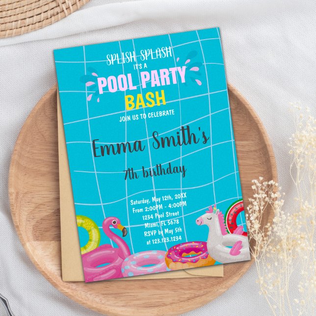 Redigerbar sommartid Simma Party Inbjudan för barn (Pool Bash Birthday Invitations)