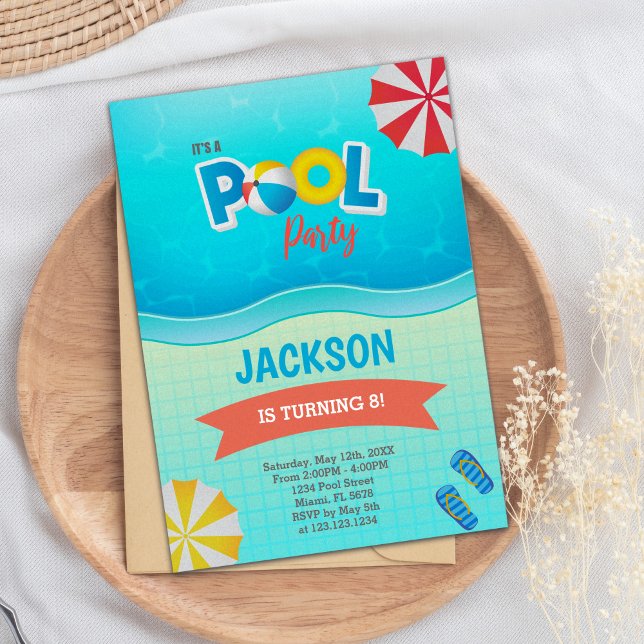 Redigerbar sommartid Simma Party Inbjudan för barn (Blue Green Pool Birthday Invitations)