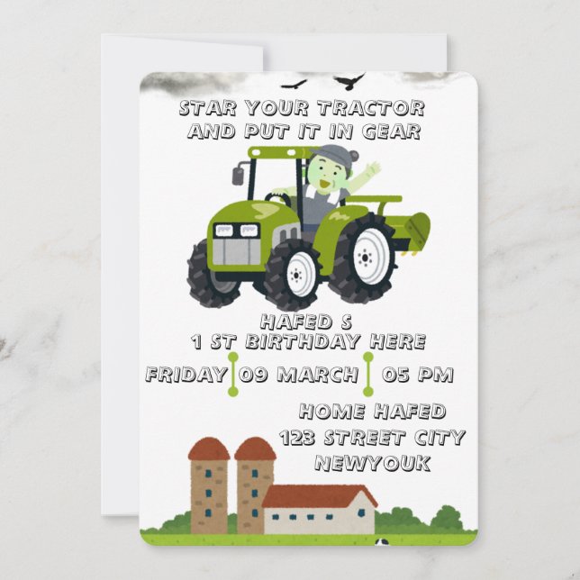 Redigerbar Starta din traktor 1-årsdag Animerad  Inbjudningar (Framsida)
