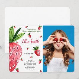 Redigerbar Strawberry Födelsedagsfoto-inbjudan Inbjudningar