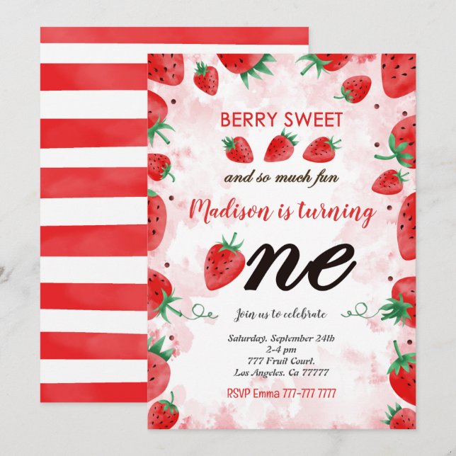 Redigerbar Strawberry Födelsedagsinbjudan Inbjudningar (Fram/baksida)