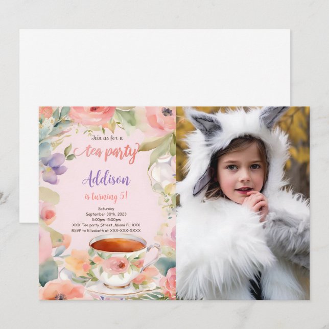 Redigerbar tea Party Födelsedagsfest Photo Inbjudningar (Fram/baksida)