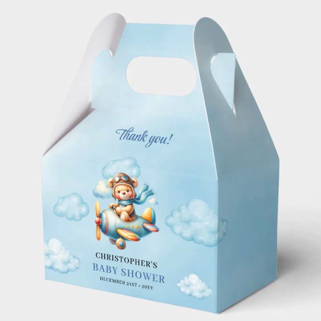 Redigerbar Teddybjörn Aviator Blå Brun Pojke Dopp  Presentaskar (Editable Teddy Bear Aviator Blue Brown Boy Shower Favor Box

)