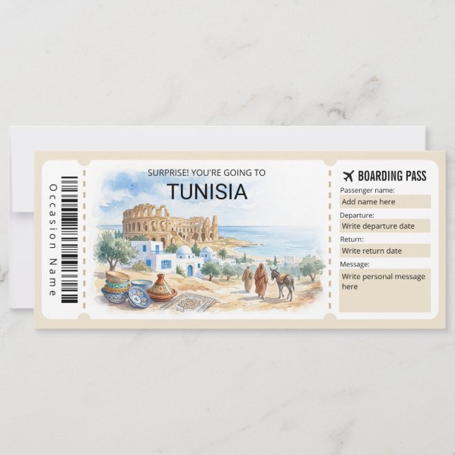 Redigerbar Tunisien Flyg Boarding Pass Biljett Inbjudningar (Framsida)