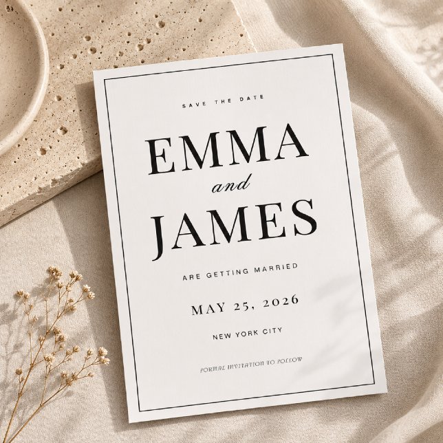 Redigerbar tunn kant Minimal Bröllop Spara Datum Inbjudningar (Elegant thin border meets timeless editorial wedding style.)