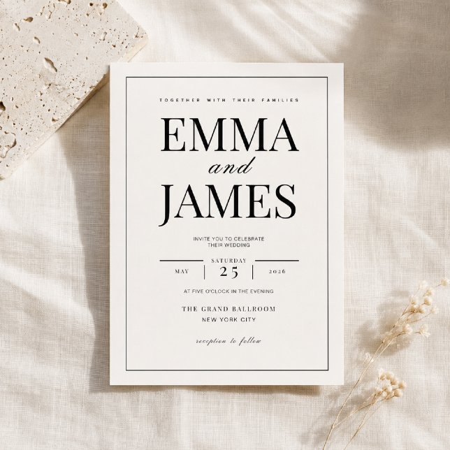 Redigerbar tunn kant Minimal bröllopsinbjudan Inbjudningar (Elegant thin border wedding invitation with timeless minimalist typography.)