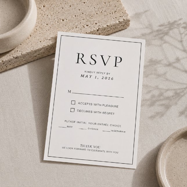 Redigerbar tunn kant Minimalistisk bröllops-RSVP-k OSA Kort (Elegant thin border with timeless minimalist wedding style.)