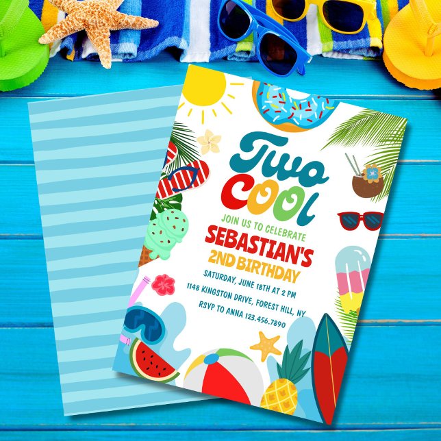 Redigerbar Två Coola Pool Party Strand 2-års Födel Inbjudningar (Summer-themed Two Cool invite – perfect for your two-year-old!)