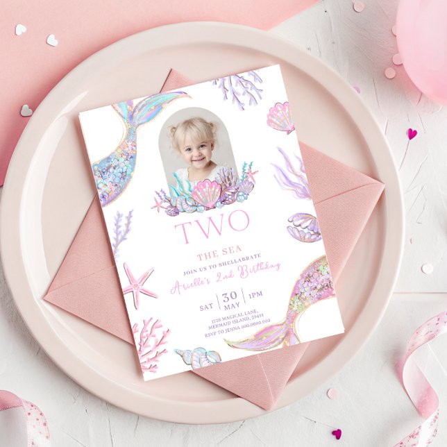 Redigerbar Två Till Havet Siren Svans Inbjudan Fli (Mermaid Tail 2nd Birthday Invitation With Picture)