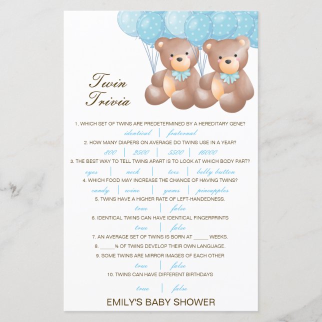 Redigerbar Tvilling Baby Trivia Baby Shower med Sv (Framsida)